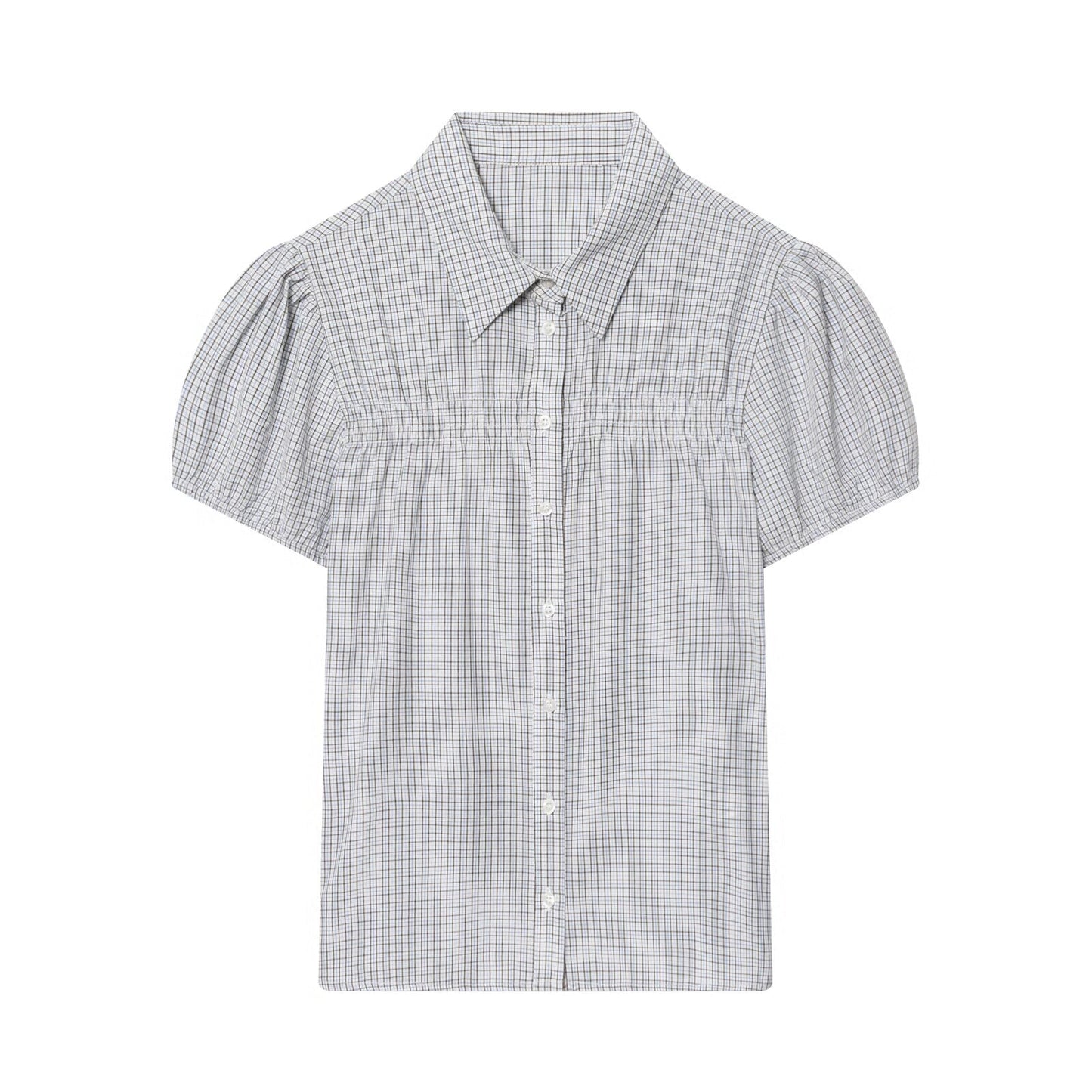 Women's short sleeved plaid elastic poplin shirt