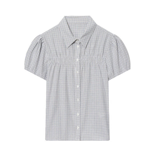 Women's short sleeved plaid elastic poplin shirt