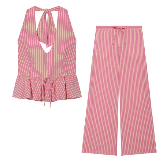suit Women's 2 pieces striped halter neck top+wide leg pants