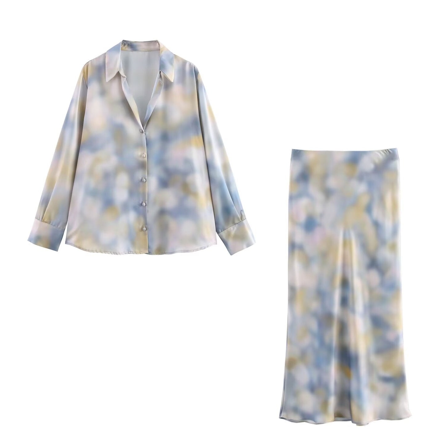 set woman 2 pieces2025 Fashion Print Blouses Vintage Female + high waist trousers Women's suit