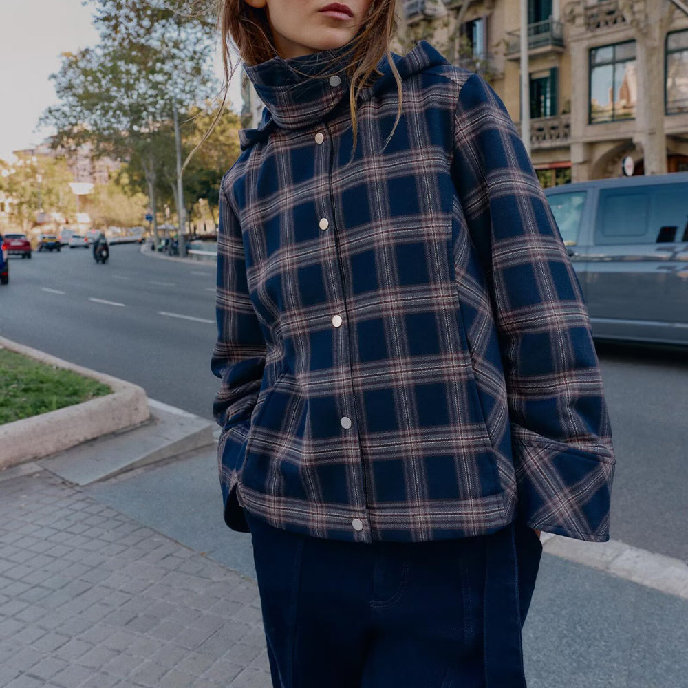 Women's loose checkered hooded cotton jacket Coat