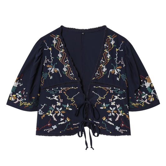 Women's floral embroidery short V-neck top