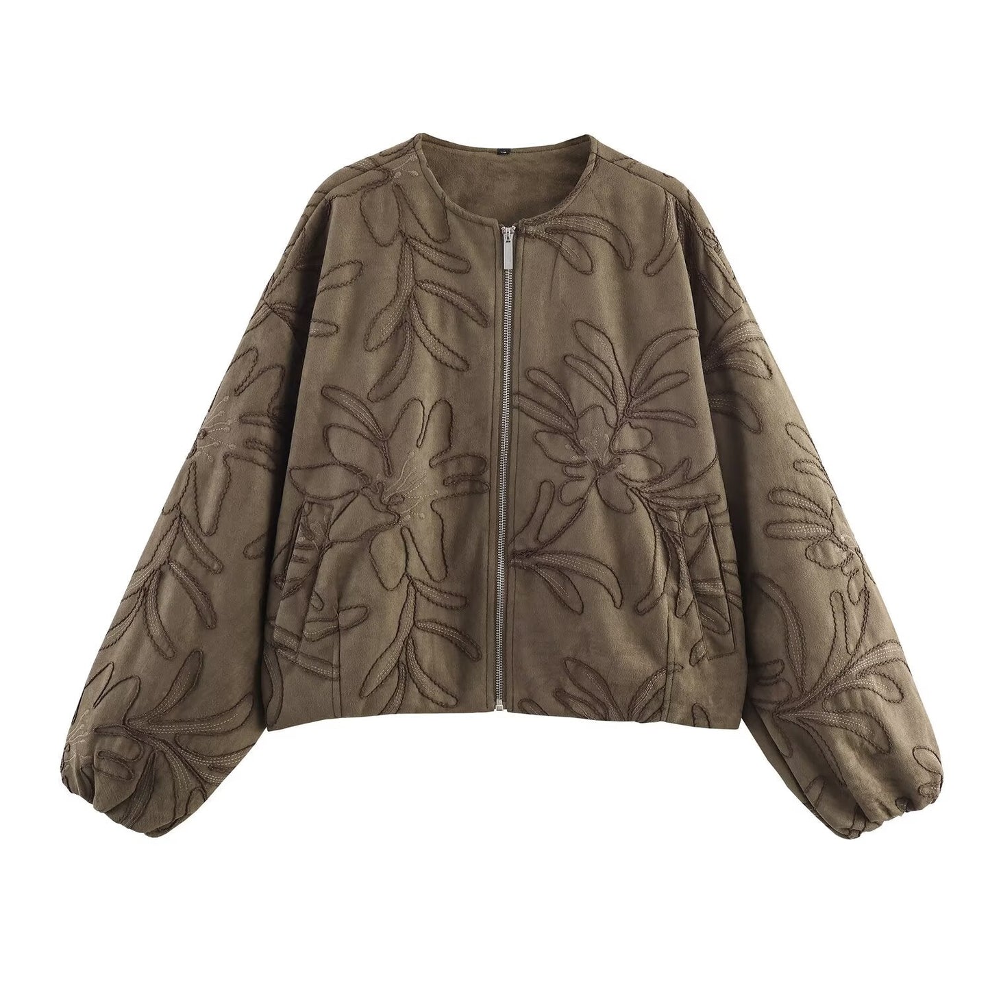 Women's embroidered suede texture O Neck pilot jacket Coat