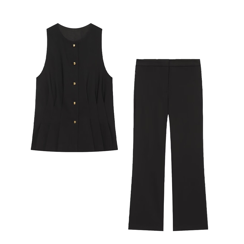 suit Women's 2 pieces pleated decorative slim vest+mini flared pants