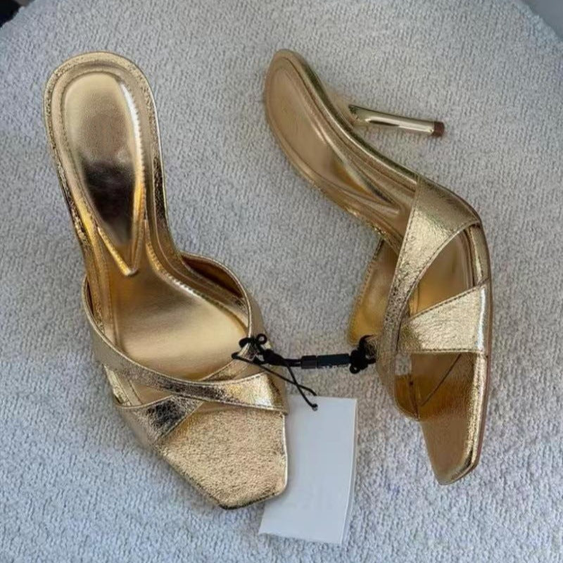 Women's new fashion metal effect cross high-heeled sandals