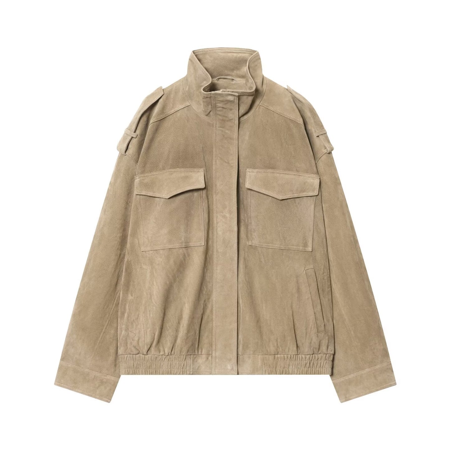 Women's new fashion loose stand collar suede textured leather jacket