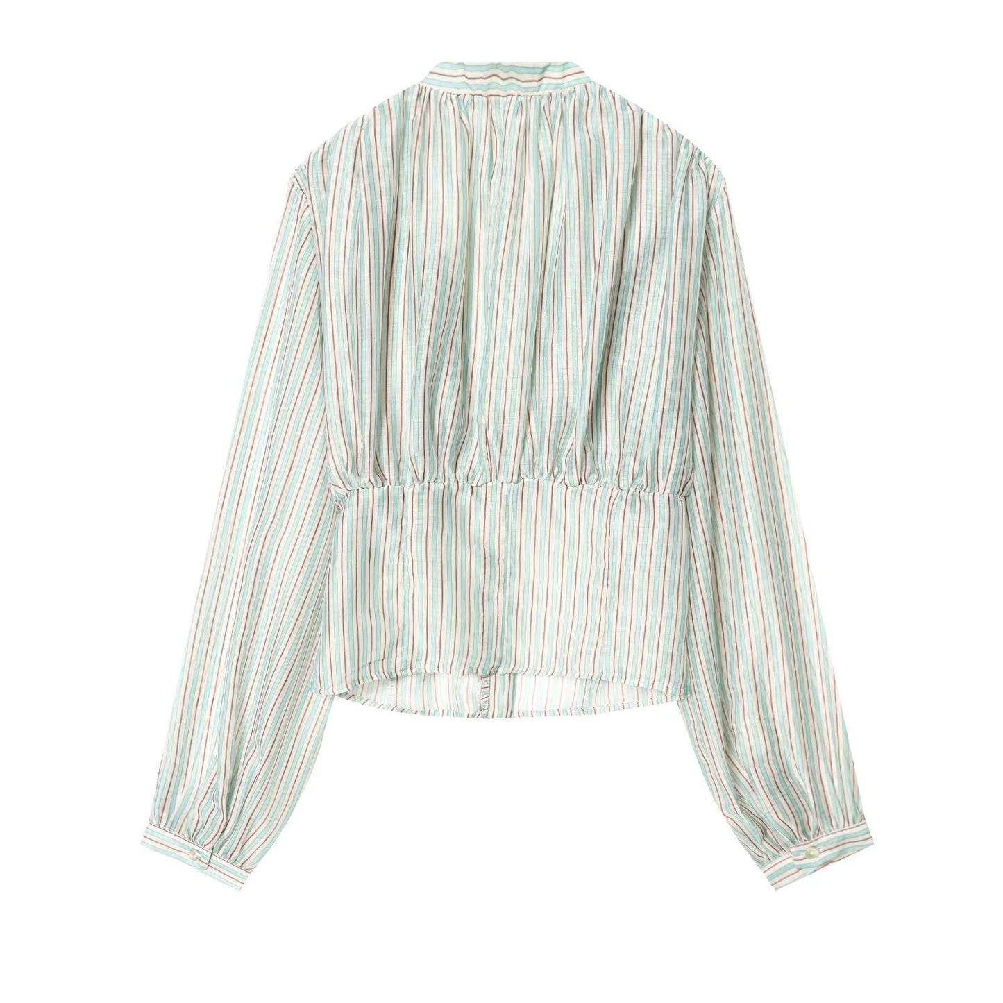 Women's V-neck striped waist cinched shirt