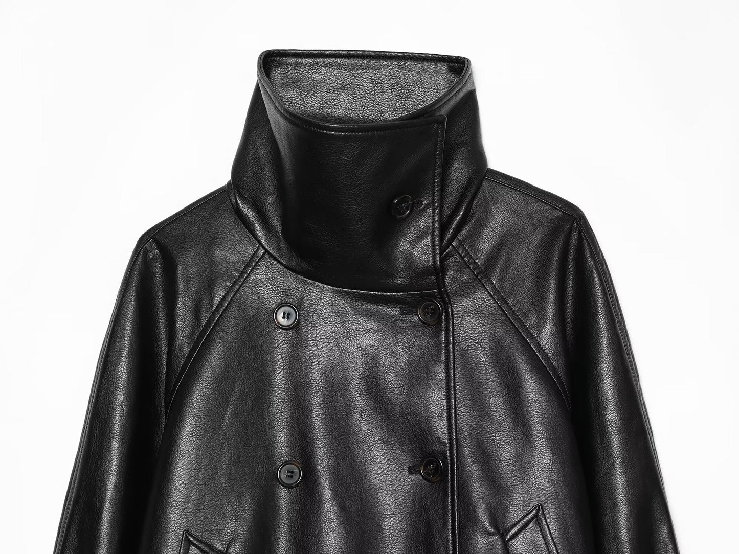 Women's black double breasted Imitation leather jacket