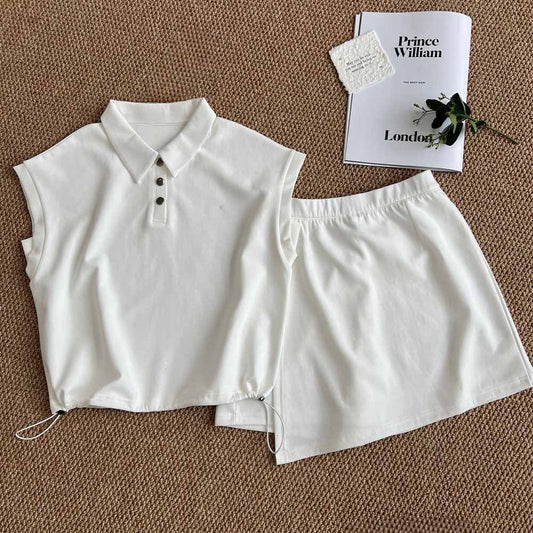 2026 women's new fashion lapel drawstring short sleeve skirt suit in summer