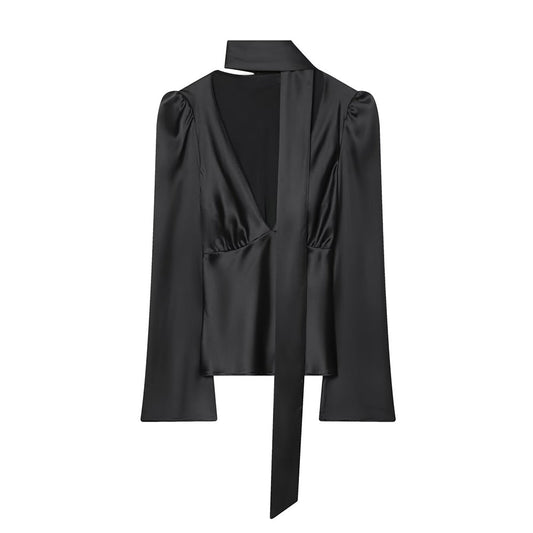 Women's scarf decoration V-neck satin textured shirt