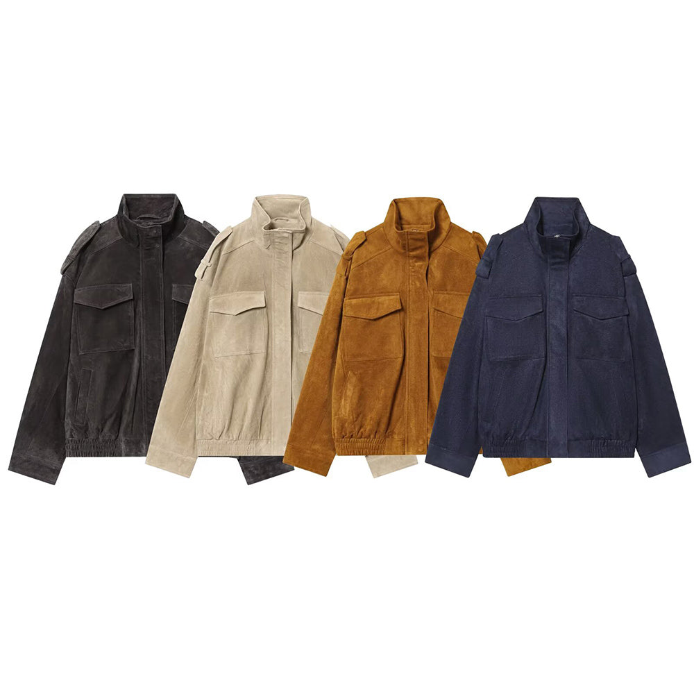 Women's new fashion loose stand collar suede textured leather jacket