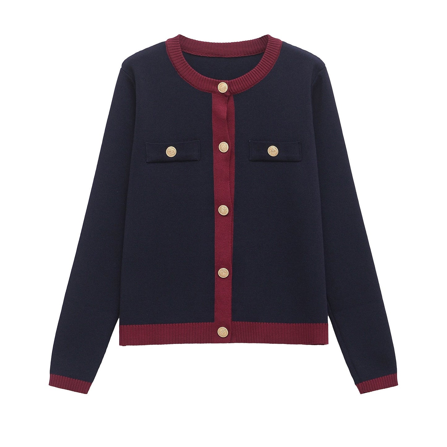 Women's new versatile fashion O-neck gold button knitted long sleeve cardigan