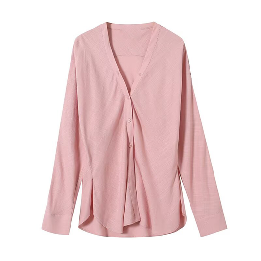 Women's long sleeved linen blended V-neck shirt