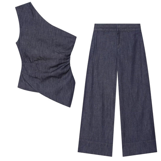 suit Women's 2 pieces pleated asymmetrical top+ wide leg pants