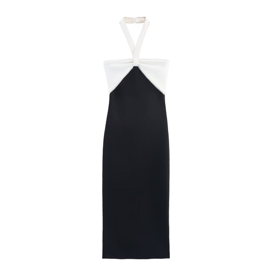Women's 2025 Fashion Bow Decoration Elastic Hanging Neck Midi Dress