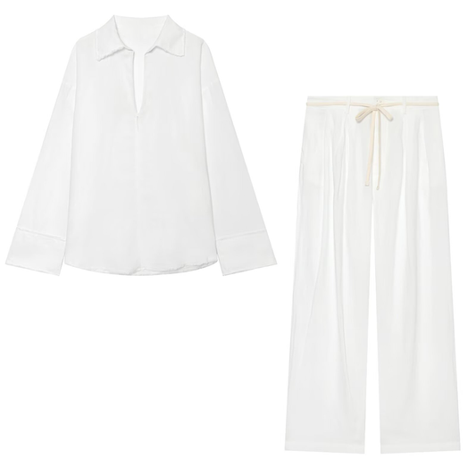 suit Women's 2 pieces Edge decoration linen blend shirt + pants