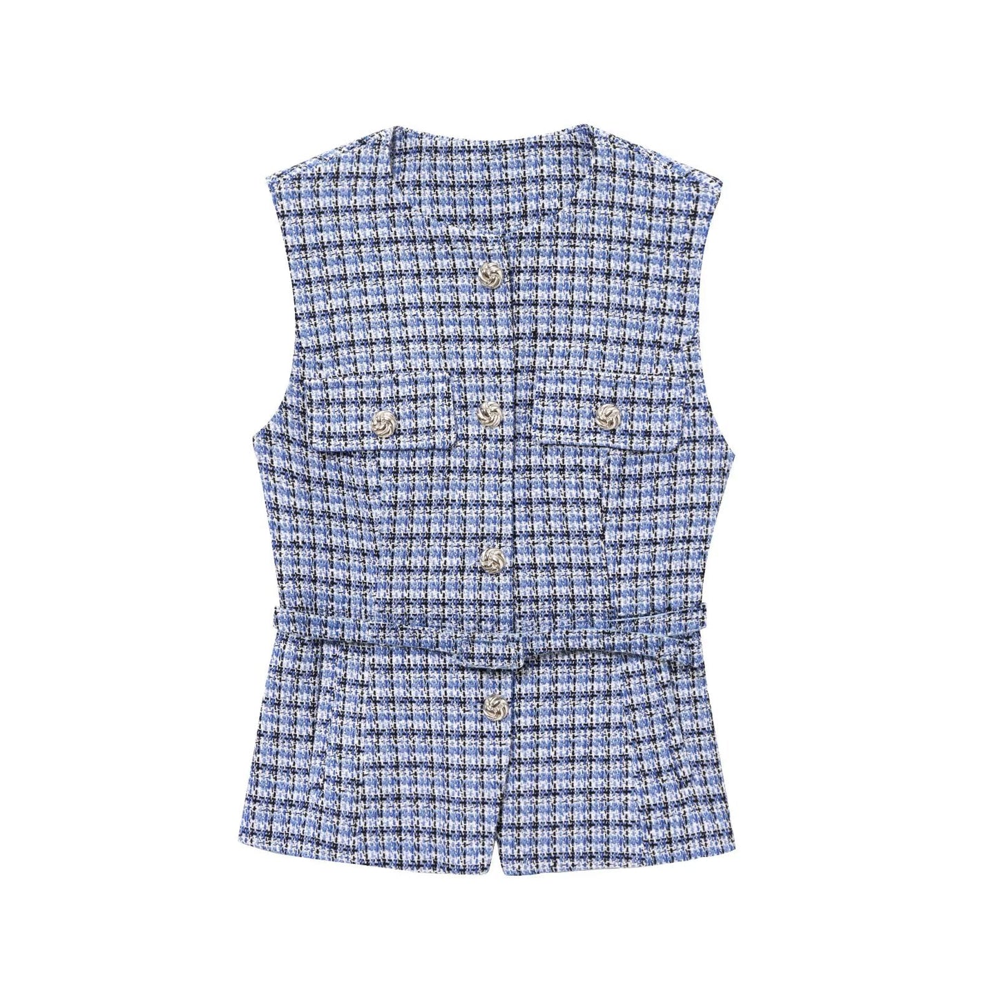 Women's new fashion with Belt bead decoration sleeveless textured vest