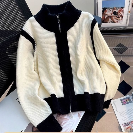 New vertical collar double zipper embroidered knit cardigan