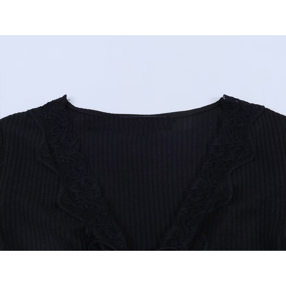 Women's slim V-neck ribbed patchwork top