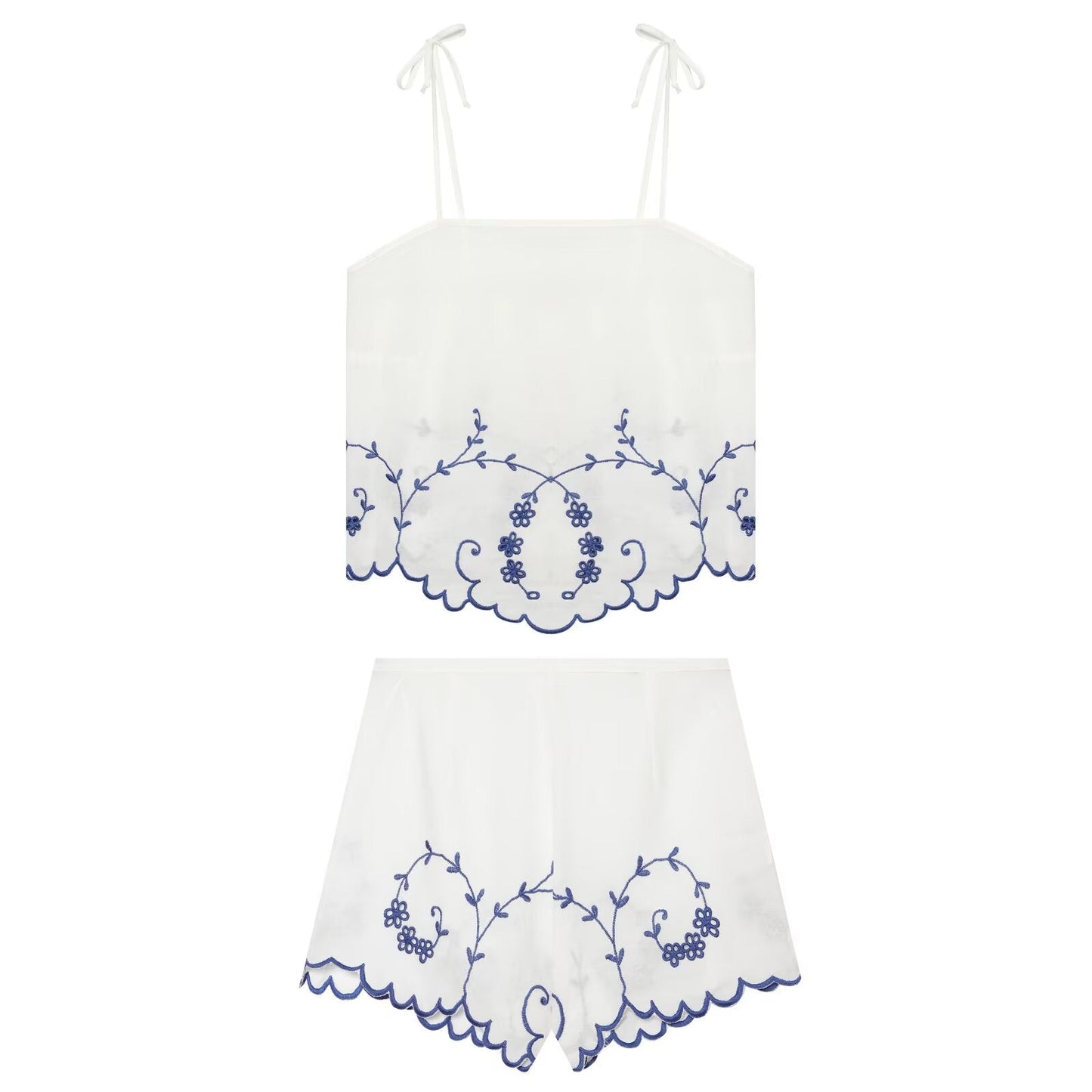 suit Women's 2 pieces linen blend embroidered top+Shorts