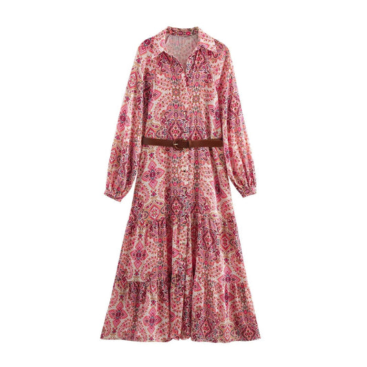 Women's new chic Fashion With Belt loose shirt style printed MIDI dress retro long sleeved button up women's dress Mujer
