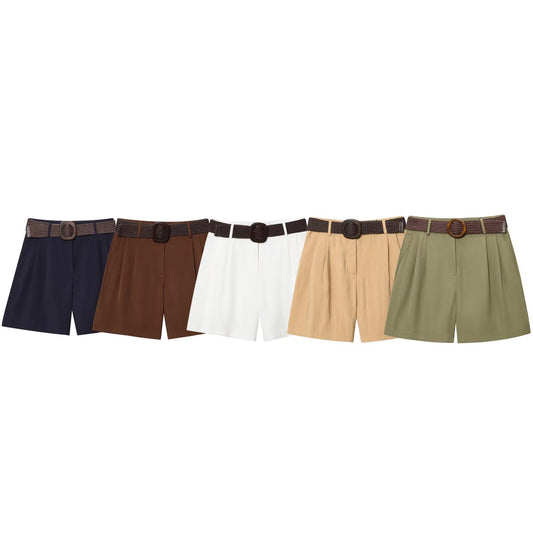 Women's chic Fashion With Belt casual side pocket pleated shorts