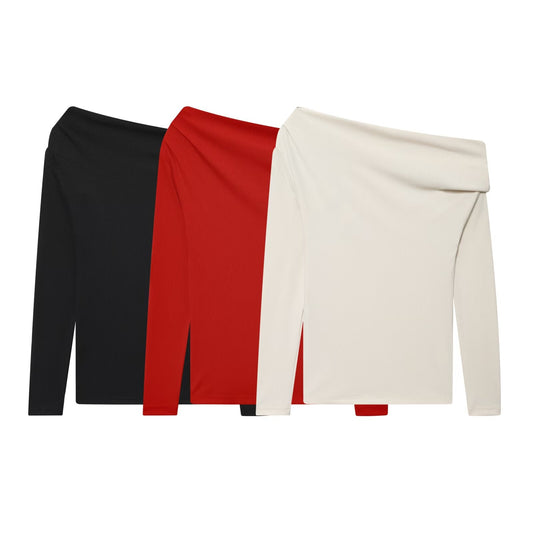 Women's new fashion soft texture asymmetric long sleeved T-shirt