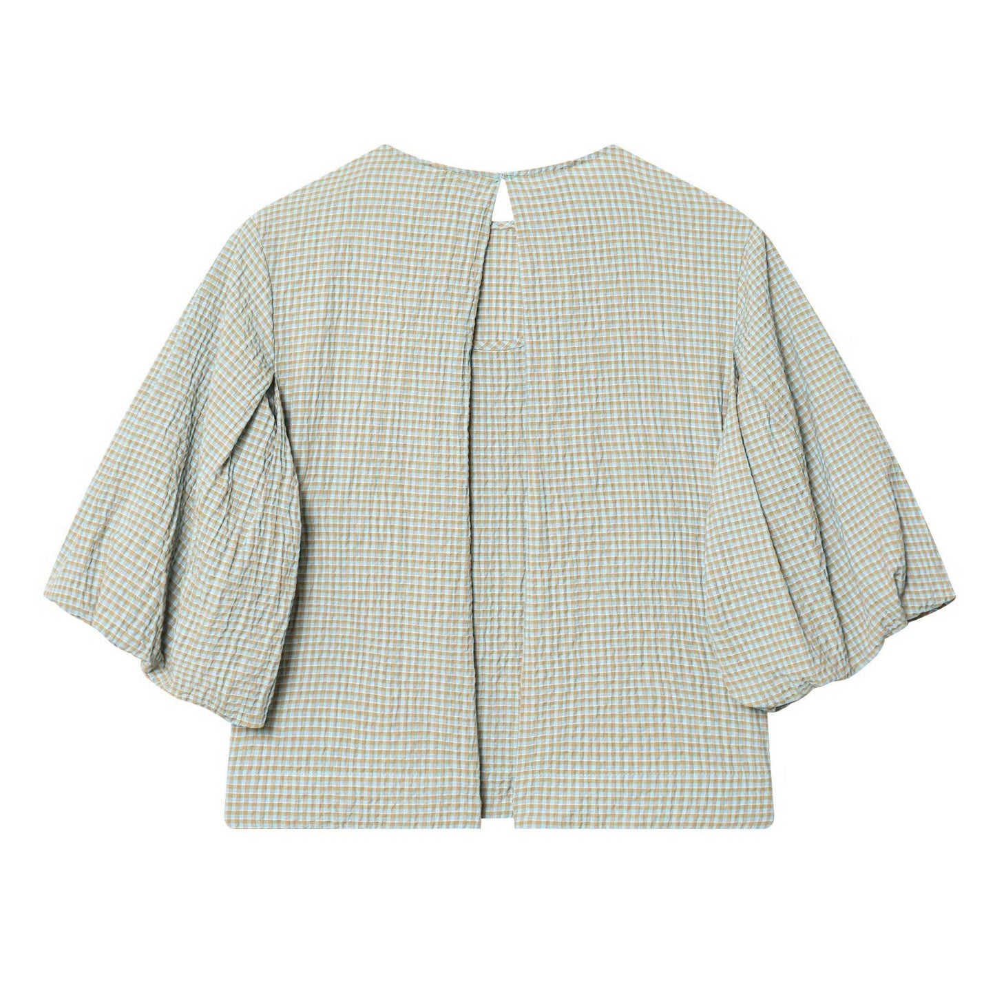 Women's O Neck balloon sleeve checkered top