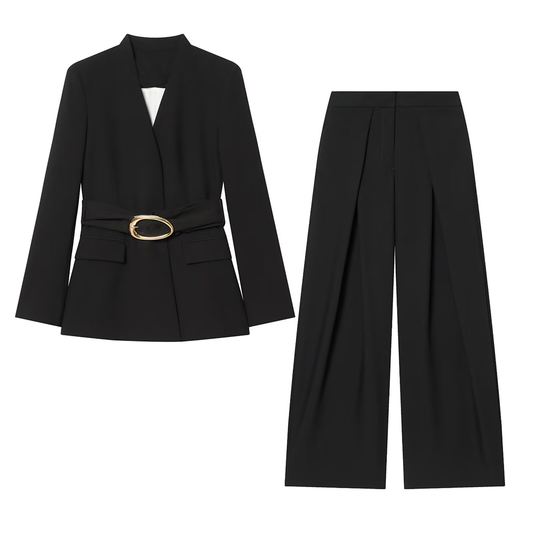 suit Women's 2 pieces gold buckle belt decoration Blazer Coat +Pants