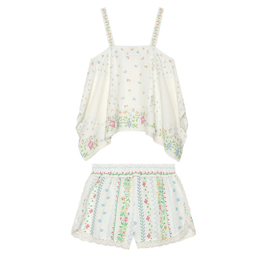 suit Women's 2 pieces linen blend printed asymmetrical top+shorts