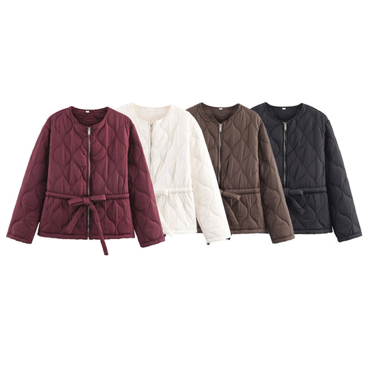 Women's with Belt round neck zipper cotton Coat