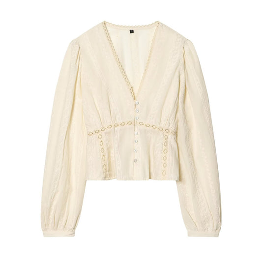 Women's short V-neck embroidered shirt
