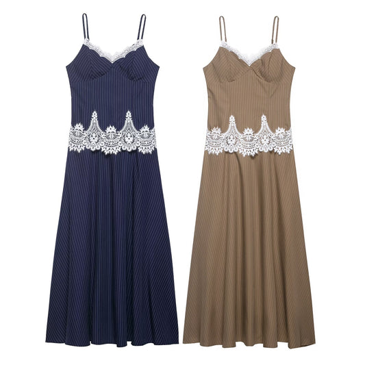 Women's lace patchwork suspender MIDI dress