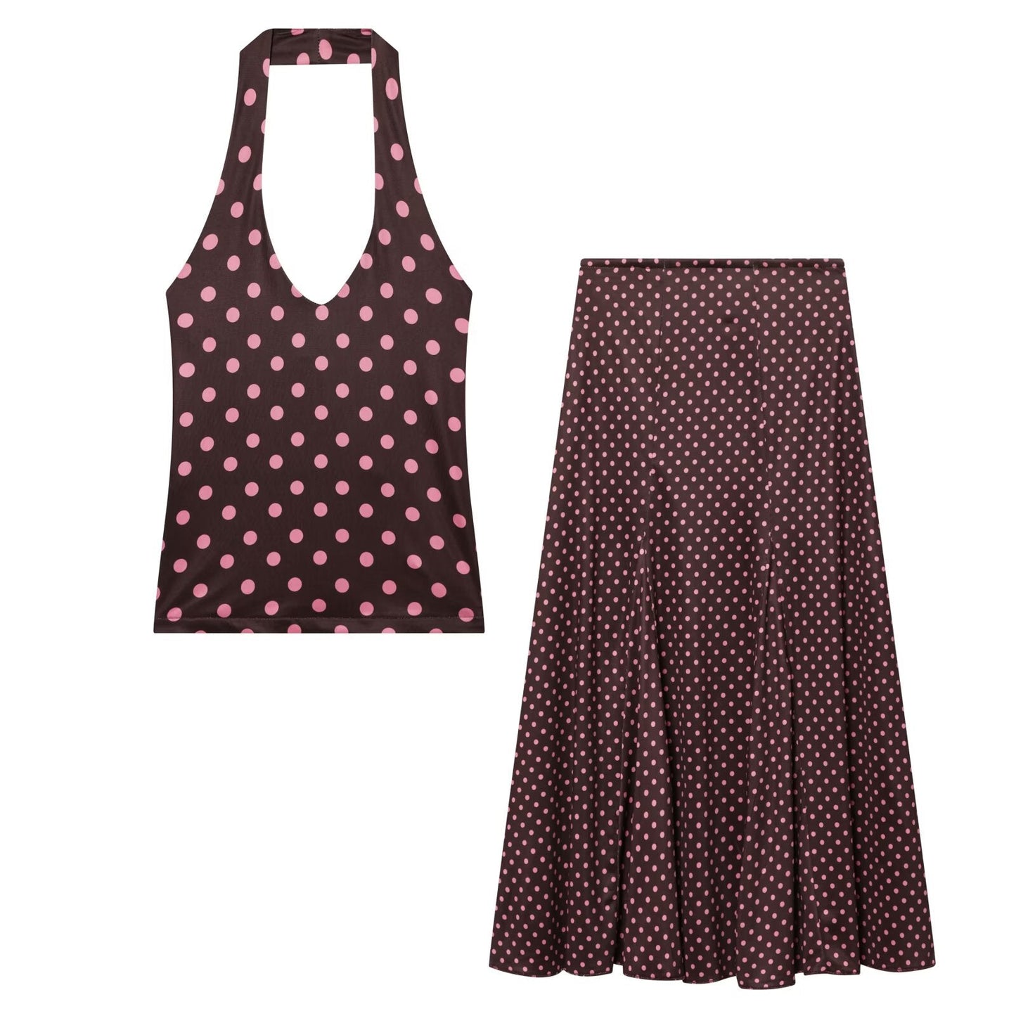 2026 suit Women's 2 pieces polka dot MIDI skirt+Hanging neck top