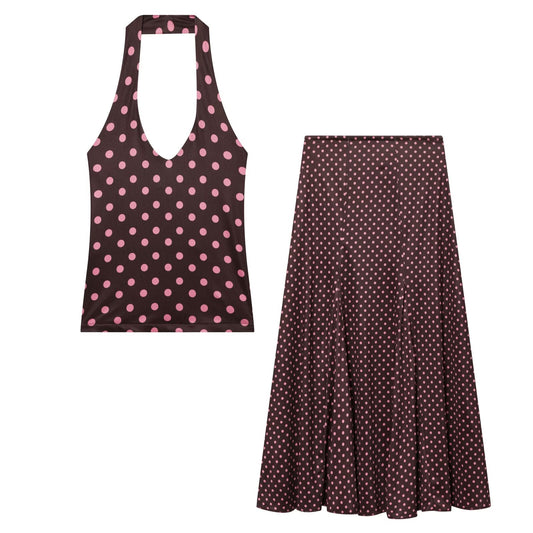 2026 suit Women's 2 pieces polka dot MIDI skirt+Hanging neck top