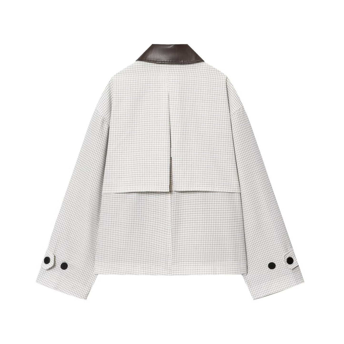 Women's new fashion leather collar design short plaid Windbreaker coat