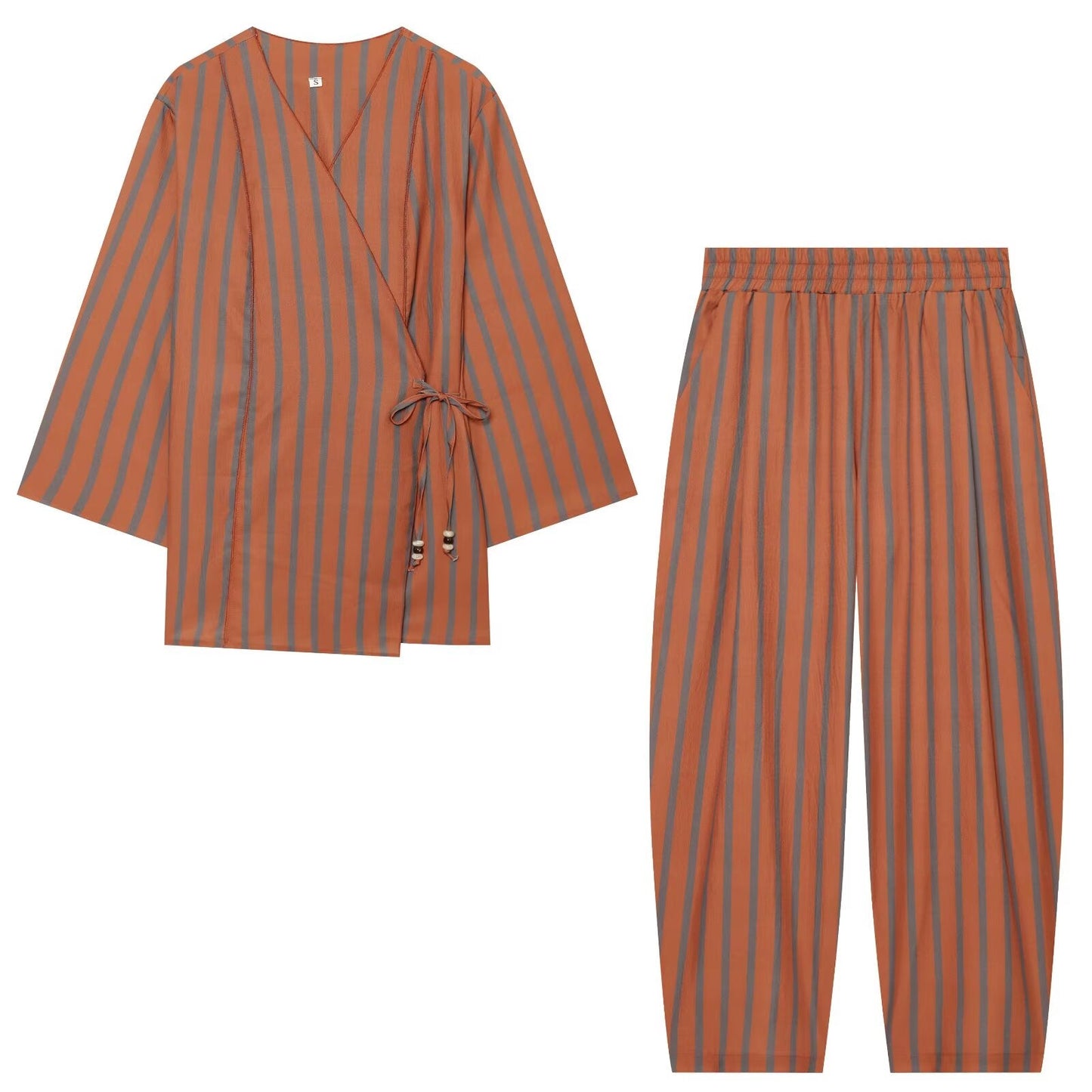 suit Women's 2 pieces loose striped lace up Coat+Pants