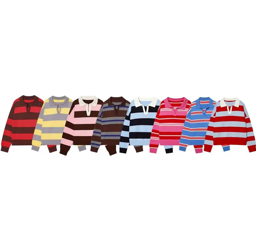 Women's casual soft texture striped knitted polo shirt