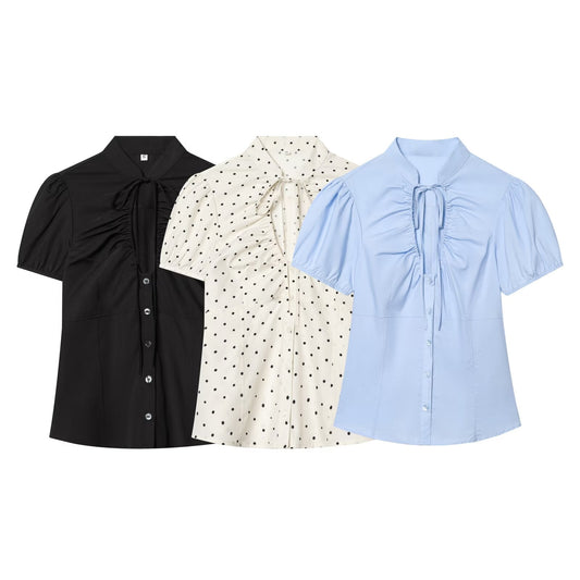 Women's bow decoration pleated poplin top