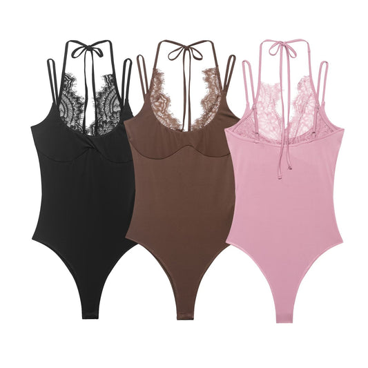Women's lace patchwork halter neck bodysuit