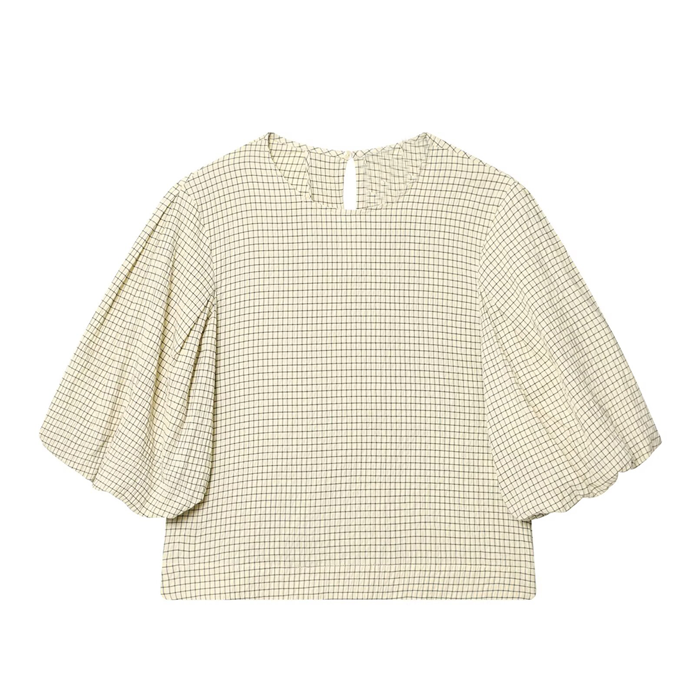 Women's O Neck balloon sleeve checkered top