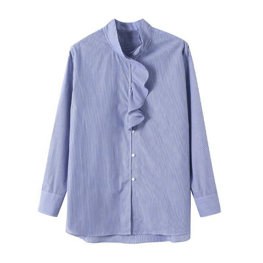 Women's ruffled high neck cotton striped shirt