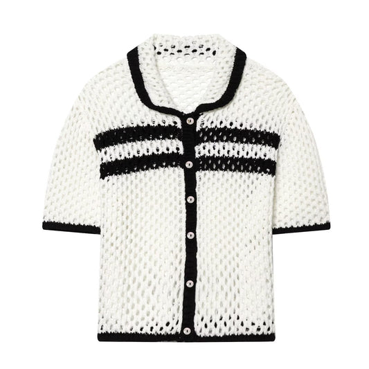 Women's POLO collar hollow knit Coat