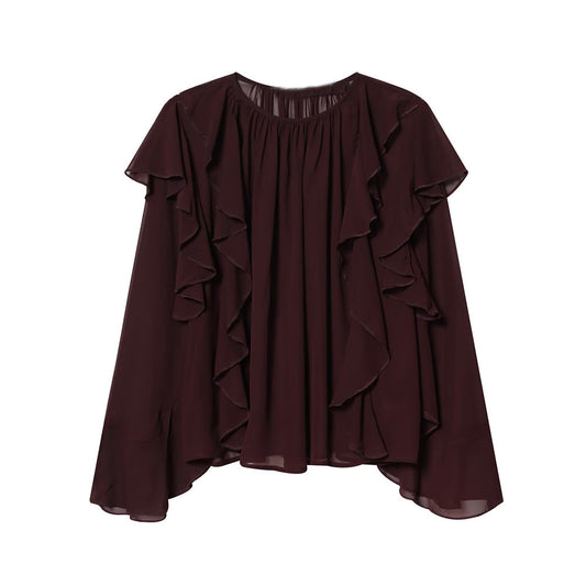 Women's ruffled edge decoration O Neck pleated top