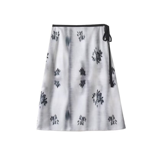 Women's new fashion Knot Lace up waist design printed MIDI skirt