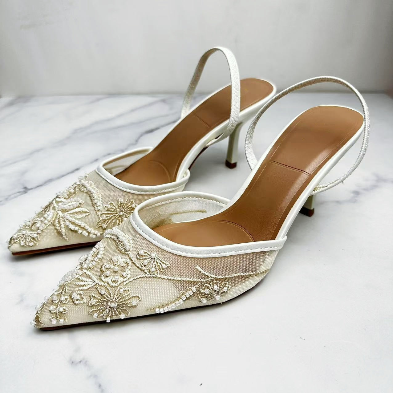 Women's New Fashion Joker Strap Temperament Stiletto Toe Baotou Embroidered Beaded Mesh Sandals.