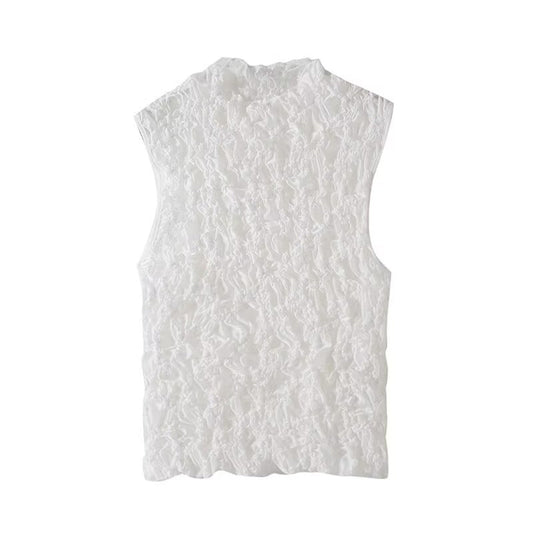 Women's new fashion embroidered pleated half high neck sleeveless T-shirt top