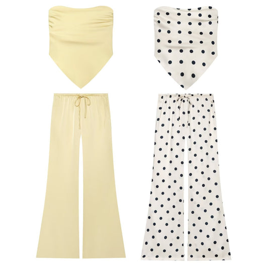 suit Women's 2 pieces satin textured strapless top+polka dot pants