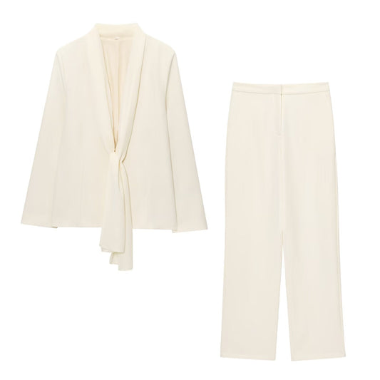 suit Women's 2 pieces tie decoration lapel Blazer Coat +Pants