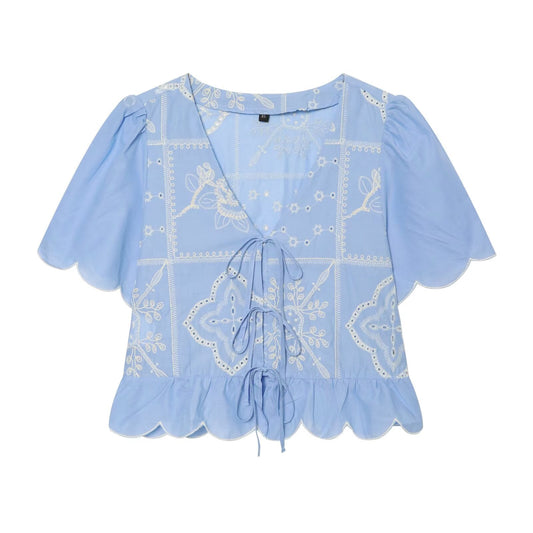Women's bow decoration hollow embroidery shirt